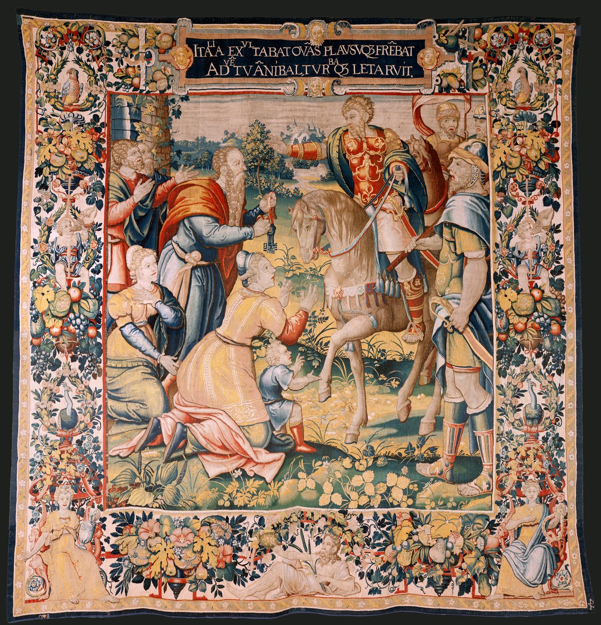 Flamand kárpit. Sorozat Hannibal története. Hannibal Olaszországban (Aníbal en Italia). A megőrzöttek harmadik kárpitja. Modellek Névtelen Hollandia mestere. Brüsszel gyártása, műhelye. 1570 körül. Szövet Gyapjú és selyem. 6,5/7 vetemek cm-enként. Méret alkotó: Flemish School