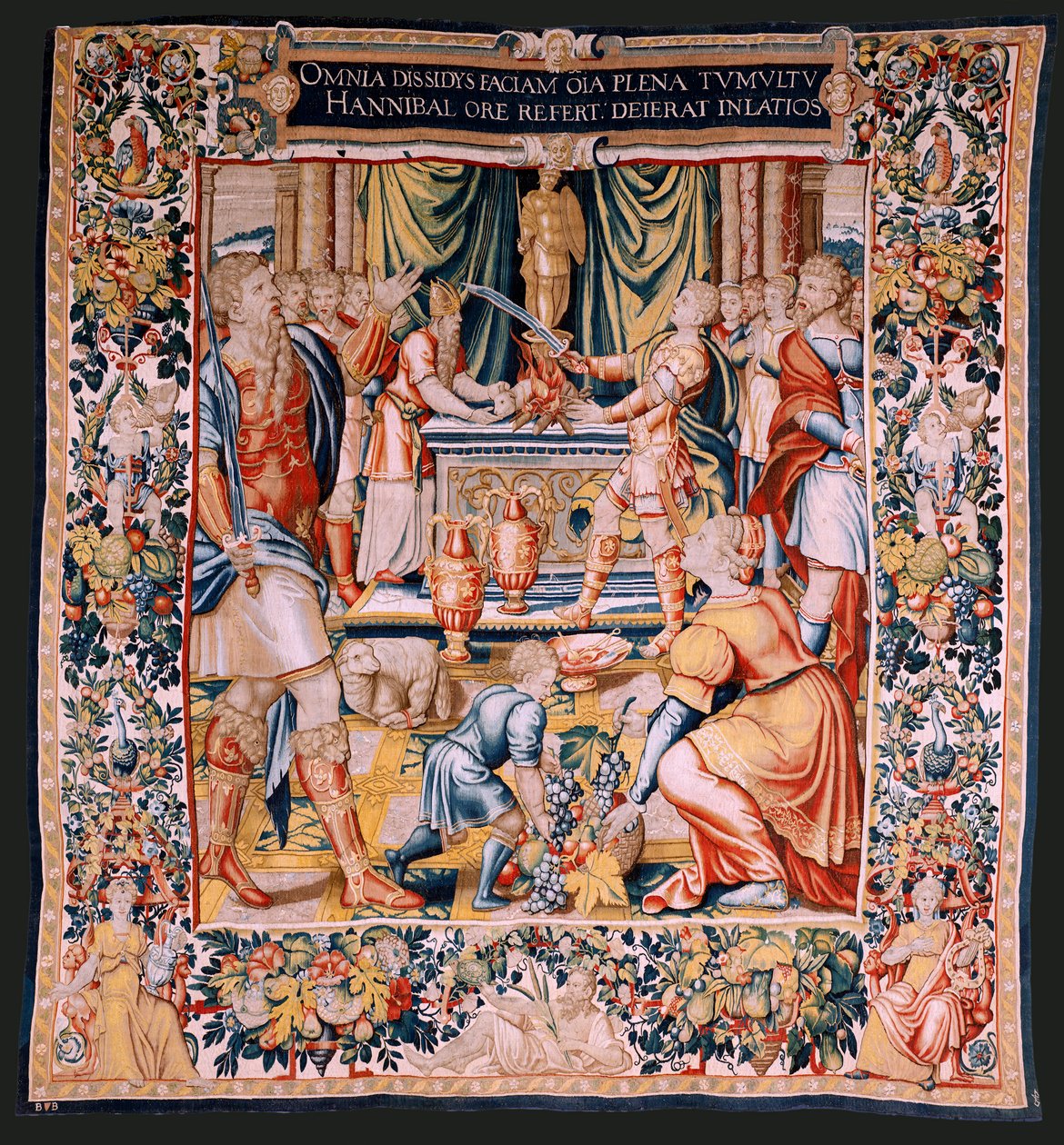Flamand kárpit. Sorozat Hannibal története. Hannibál esküje (Juramento de Aníbal). A sorozat első gobelinje. Rajzfilmek névtelen mestere Hollandiában. Brüsszel gyártása, műhelye. Kb. 1570. Szövet Gyapjú és selyem, 6,5/7 lánc per cm. 34-es méret alkotó: Flemish School
