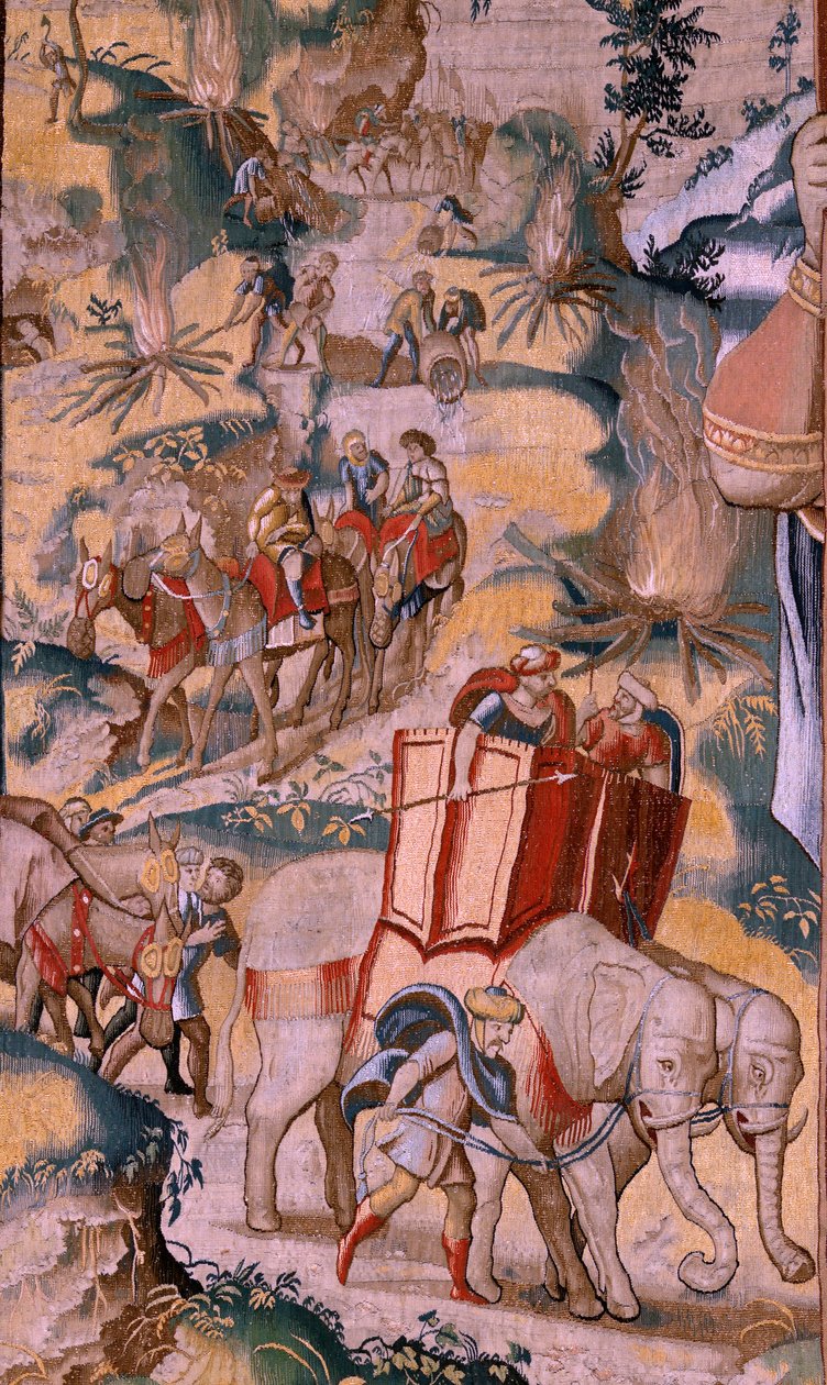 Flamand kárpit. Sorozat Hannibal története. Átkelés az Alpokon (Paso de los Alpes). Második kárpit a megmaradtak közül. Modellek Névtelen Hollandia mestere. Brüsszel gyártása, műhelye. Kb. 1570. Szövet Gyapjú és selyem, 6,5/7 lánc per alkotó: Flemish School