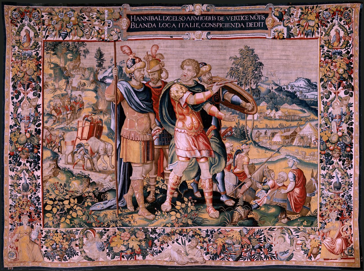 Flamand kárpit. Sorozat Hannibal története. Átkelés az Alpokon (Paso de los Alpes). Második kárpit a megmaradtak közül. Modellek Névtelen Hollandia mestere. Brüsszel gyártása, műhelye. Kb. 1570. Szövet Gyapjú és selyem, 6,5/7 lánc per alkotó: Flemish School