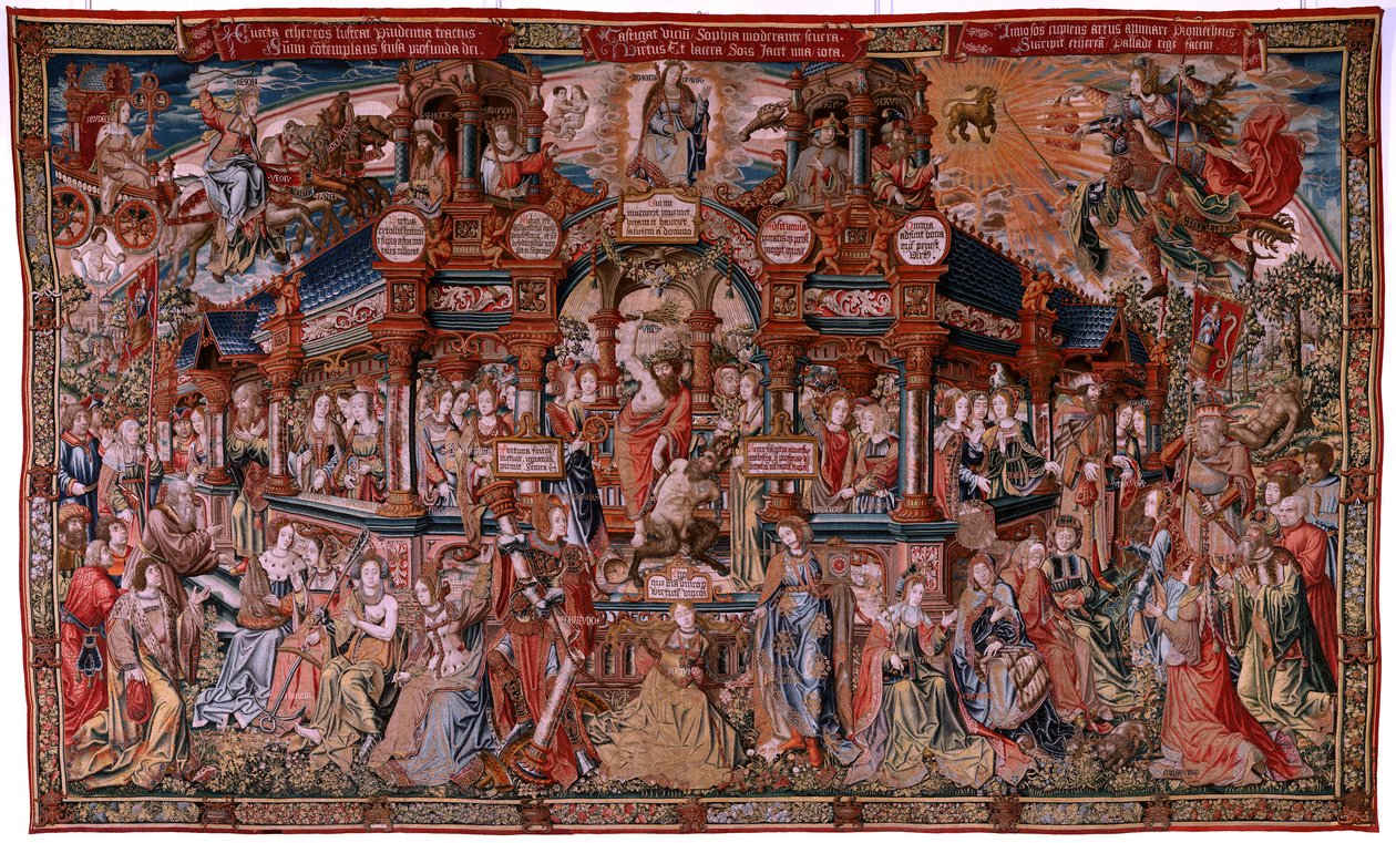 Flamand kárpit. A kitüntetések sorozat. Erény (La Virtu, El Vicio). Nyolcadik kárpit a sorozatban. Modell karikaturisták Bernard van Orley és Jan Gossaert (Mabuse) köréből. Gyártás Pieter van Aelst, Brüsszel. Kb 1550. Szövet Arany, ezüst, selyem a alkotó: Flemish School