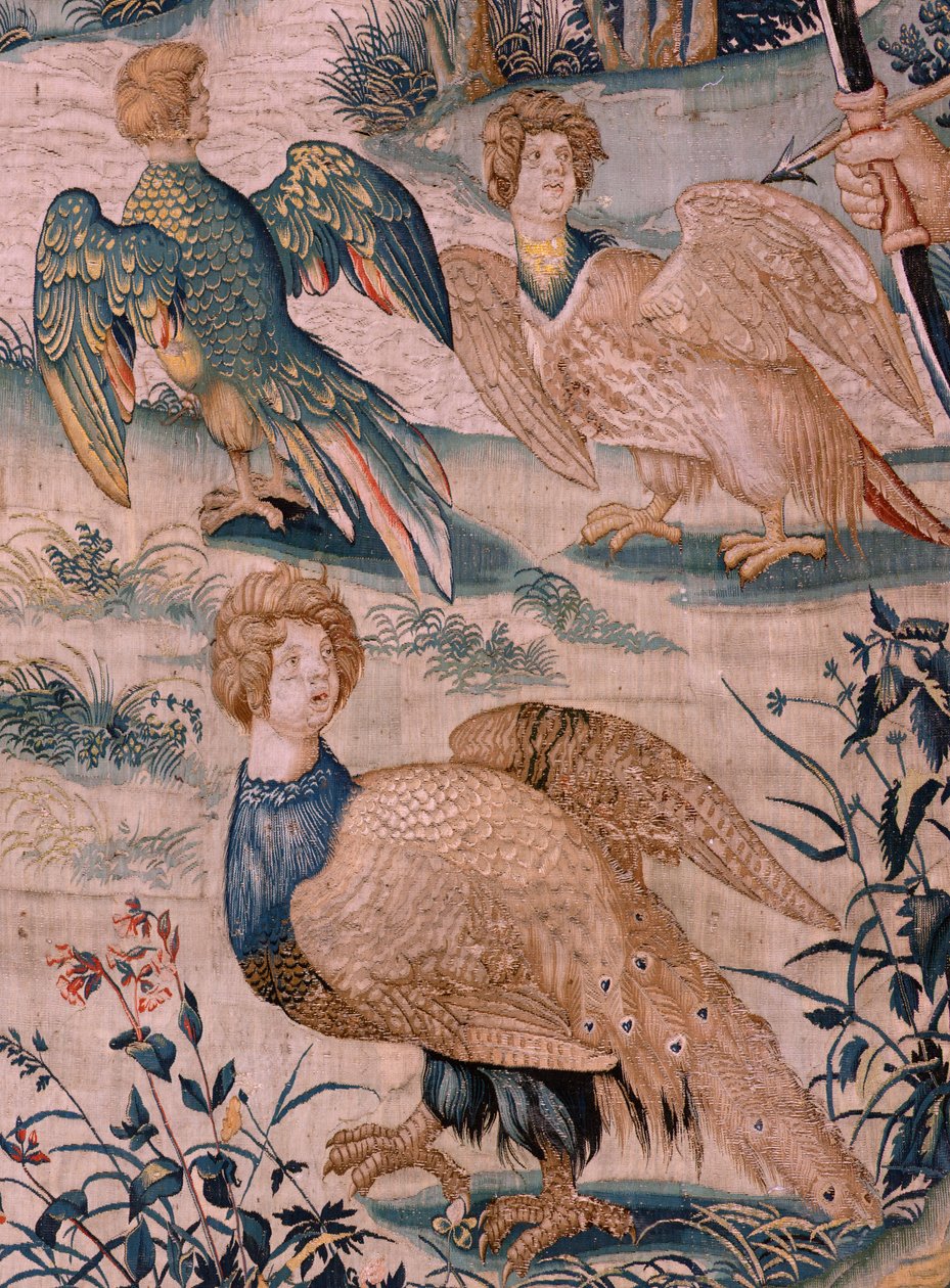 Flamand kárpit. Herkules munkássága sorozat. Herkules és a stymphali madarak (Hércules y las aves del lago Estínfalo). A fennmaradt sorozat első gobelinje. Modell Ismeretlen. Gyártás Willem Dermoyen, Brüsszel. Ca1528. Szövet Selyem és gyapjú. ; 3-as méret alkotó: Flemish School