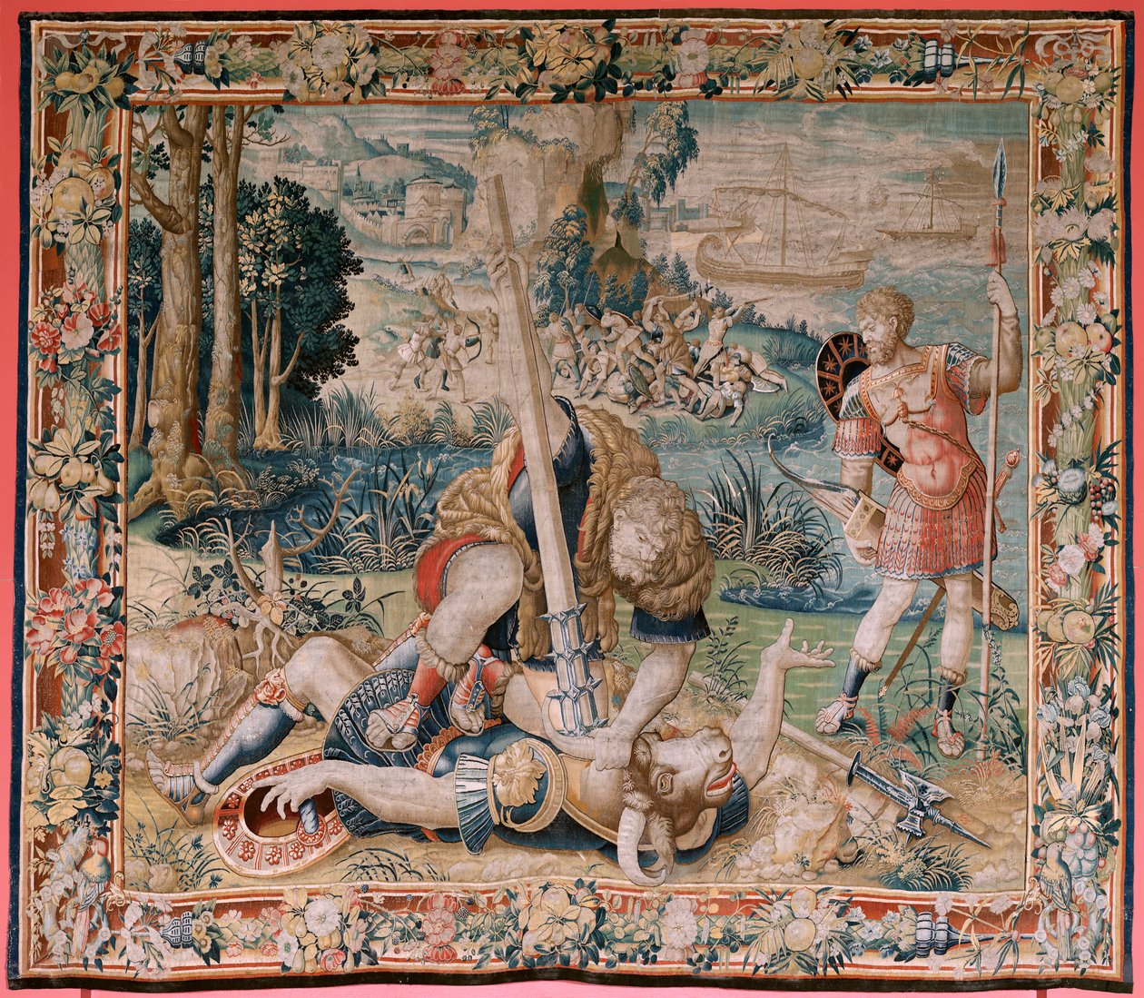 Flamand kárpit. Herkules munkássága sorozat. Herkules a Minotaurusz ellen harcol. Herkules a Minotaurusz ellen harcolva). Második kárpit a fennmaradt sorozatban. ModelUnknown. Gyártás Willem Dermoyen, Brüsszel. 1528 körül. alkotó: Flemish School
