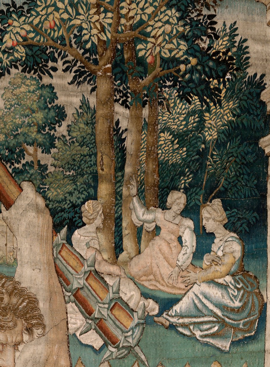 Flamand kárpit. Herkules munkássága sorozat. Herkules a Hesperidák kertjében (Hércules en el jardín de las Hespérides). Ötödik kárpit a fennmaradt sorozatban. Modell Ismeretlen. Gyártás Willem Dermoyen, Brüsszel. 1528 körül. Szövet Selyem és gyapjú. alkotó: Flemish School