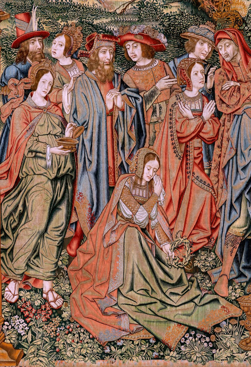 Flamand kárpit. Krisztus szenvedése sorozat. A keresztről való leszállás (Descendimiento). A Patrimonio Nacionalhoz tartozó Krisztus szenvedésének második kárpitsorozata. Modell karikaturisták Jan van Roome köréből. Gyártás Pieter va alkotó: Flemish School