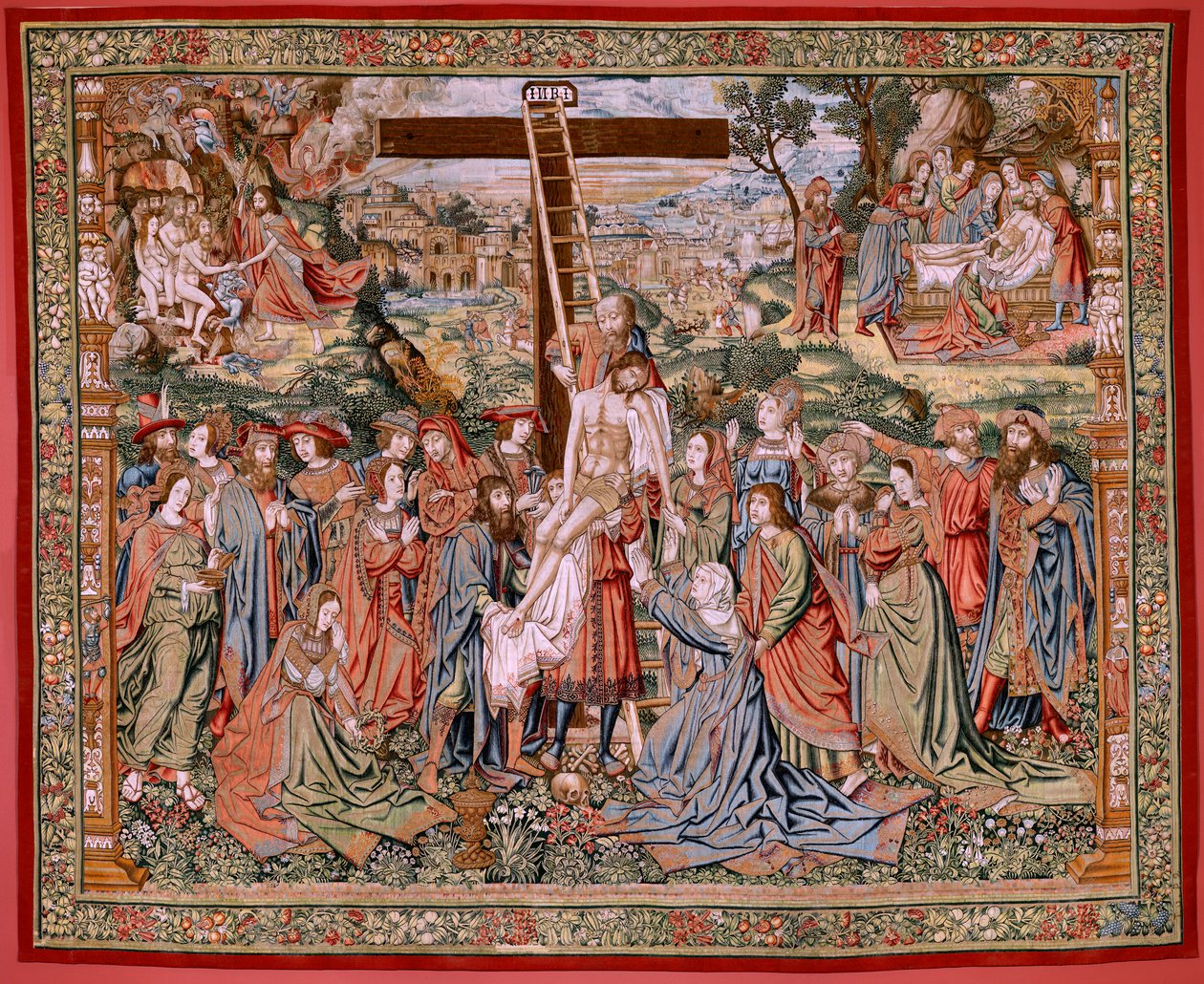 Flamand kárpit. Krisztus szenvedése sorozat. A keresztről való leszállás (Descendimiento). A Patrimonio Nacionalhoz tartozó Krisztus szenvedésének második kárpitsorozata. Modell karikaturisták Jan van Roome köréből. Gyártás Pieter va alkotó: Flemish School