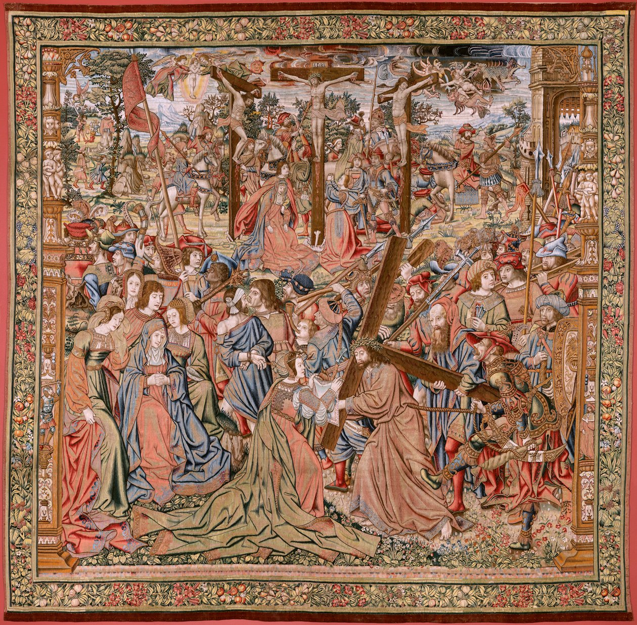 Flamand kárpit. Sorozat Krisztus szenvedése; Út a Kálváriára és találkozás Veronikával (Camino del Calvario y encuentro con la Verónica). A Nemzeti Örökség által őrzött első kárpit. Modell karikaturisták Jan van Roome és Bern köréből alkotó: Flemish School