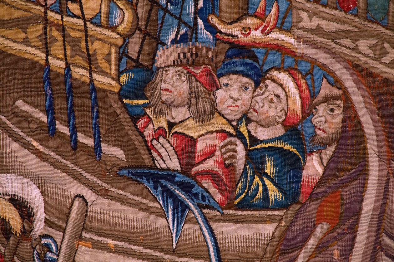 Flamand kárpit. Sorozat A portugálok Indiában: Az érkezés Calicutba (A kalicuti Aankomsttól, Llegado de Vasco de Gamától Lisszabonig). 1510 körül. Caixa Geral de Depósitos Gyűjtemény, Lisszabon. Részlet. alkotó: Flemish School