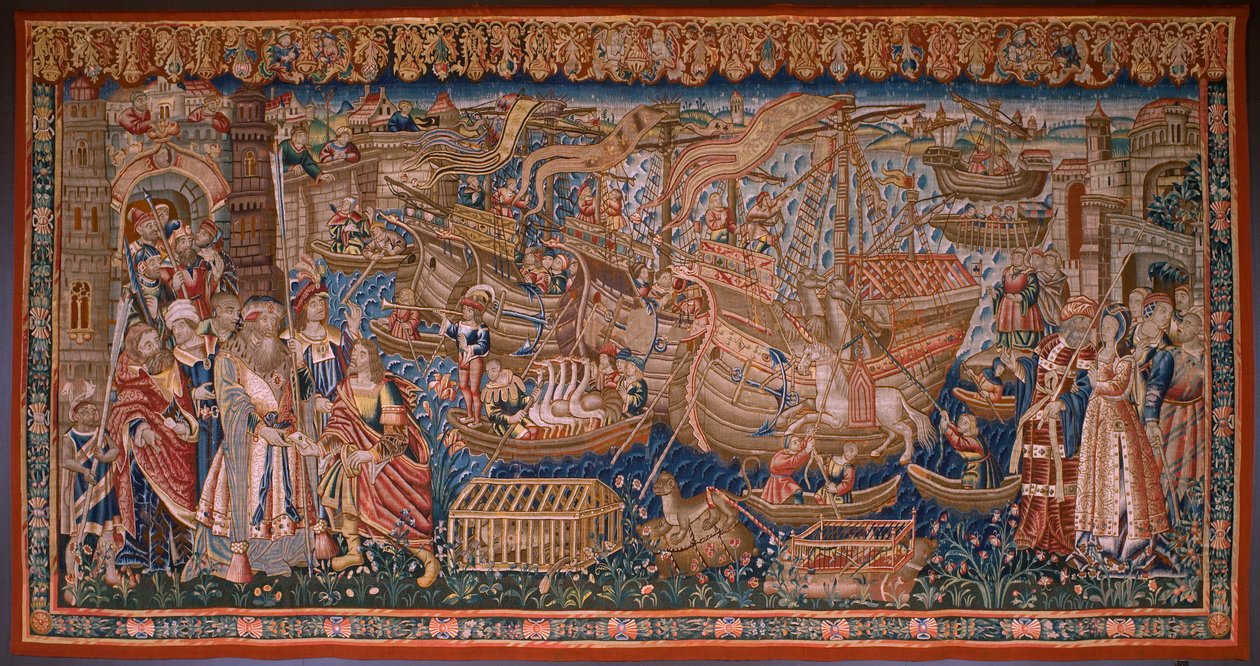 Flamand kárpit. Sorozat A portugálok Indiában: Az érkezés Calicutba (A kalicuti Aankomsttól, Llegado de Vasco de Gamától Lisszabonig). 1510 körül. Gyűjtemény Caixa Geral de Depósitos, Lisszabon. alkotó: Flemish School