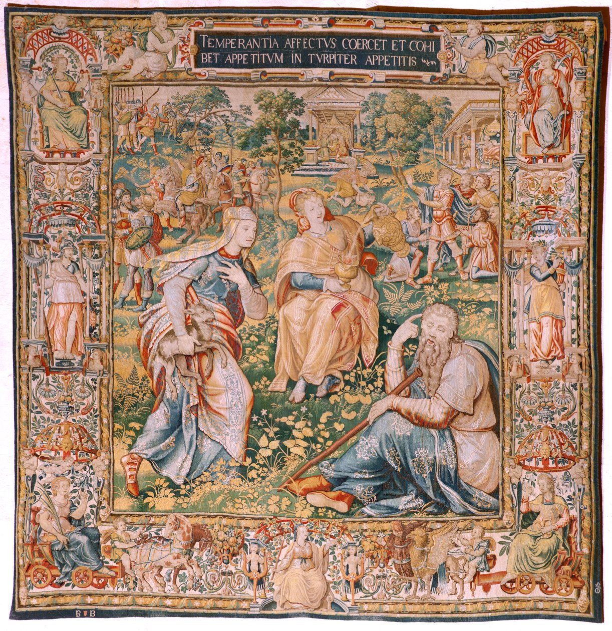 Flamand kárpit. A hét erény sorozat. Mértékletesség (La Templanza). Modell Michiel Coxcie alapján. Gyártás Brüsszel. Gyártó: Frans Geubels. Ca1560-1570. Szövet Selyem és gyapjú. Mérete 330 x 320 cm. Helyszín Burgos katedrálisa. Eredet Hagyaték t alkotó: Flemish School