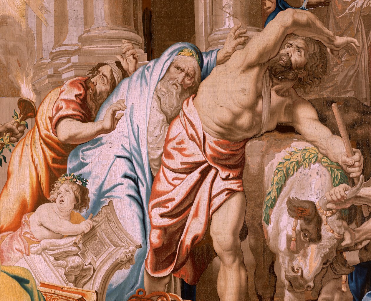 Flamand kárpit. Az Eucharisztia diadala sorozat. Az Eucharisztia győzelme a pogány áldozatokon (Victoria de la Eucaristía sobre los sacrificios paganos). A sorozat negyedik kárpitja. Peter Paul Rubens modell. 1626-1628. Gyártás Jan II Raes, Jac alkotó: Flemish School