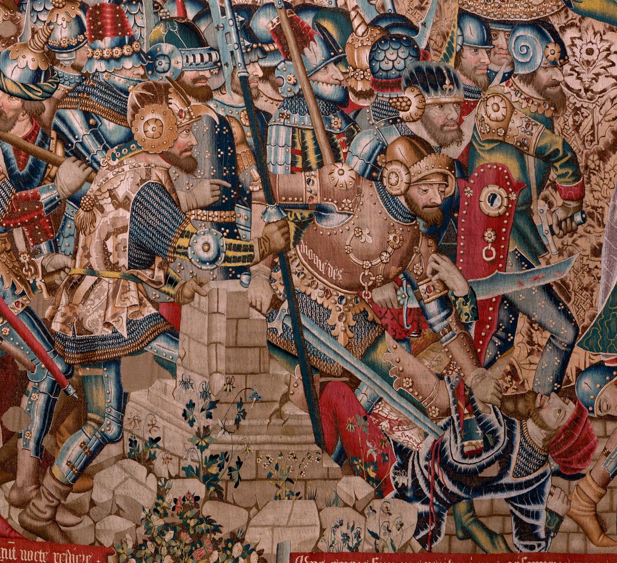 Flamand kárpit. A trójai háború sorozat. Trója pusztulása (Destrucción de Troya). A sorozat tizenegyedik kárpitja. Coëtivy Master modell (Henry vagy Conrard de Vulcop). Manufacture Tournai műhelyek. Kb. 1470. Szövet Gyapjú és selyem, 6/7 láncszál cm-enként alkotó: Flemish School