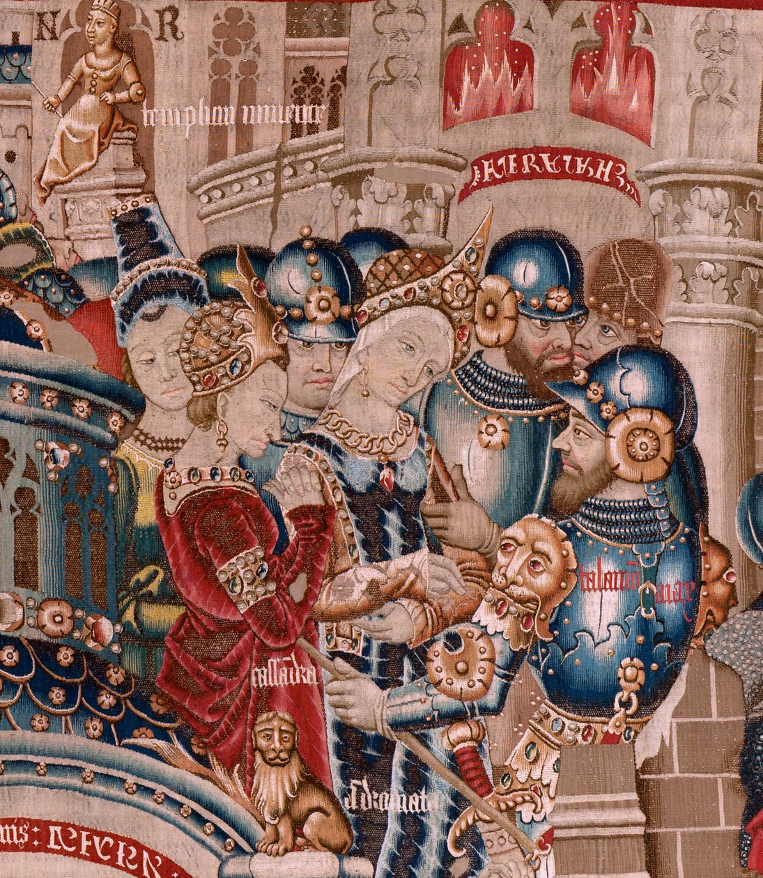 Flamand kárpit. A trójai háború sorozat. Trója pusztulása (Destrucción de Troya). A sorozat tizenegyedik kárpitja. Coëtivy Master modell (Henry vagy Conrard de Vulcop). Manufacture Tournai műhelyek. Kb. 1470. Szövet Gyapjú és selyem, 6/7 lánc per cm. alkotó: Flemish School