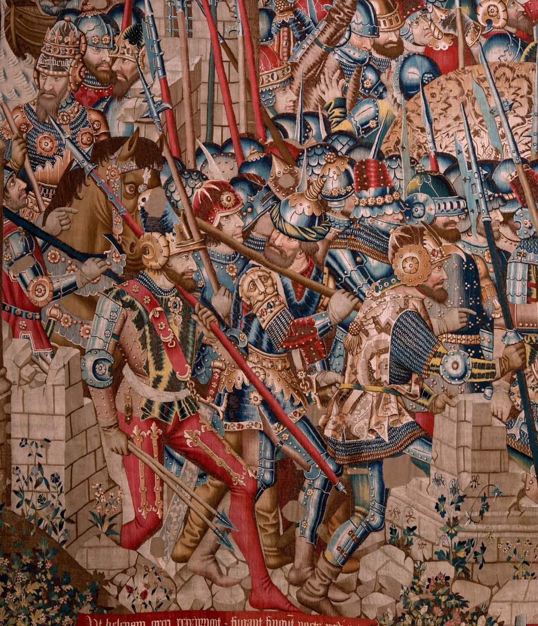 Flamand kárpit. A trójai háború sorozat. Trója pusztulása (Destrucción de Troya). A sorozat tizenegyedik kárpitja. Coëtivy Master modell (Henry vagy Conrard de Vulcop). Manufacture Tournai műhelyek. Kb. 1470. Szövet Gyapjú és selyem, 6/7 lánc per cm. alkotó: Flemish School