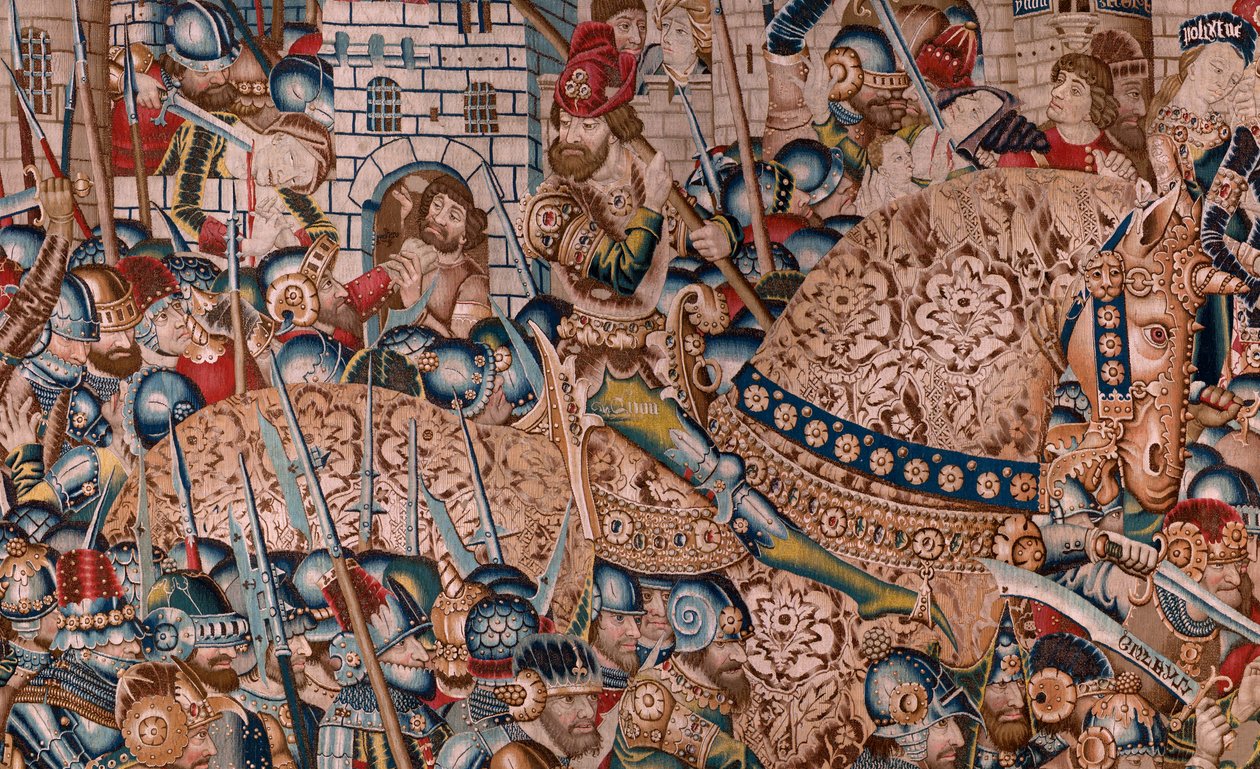 Flamand kárpit. A trójai háború sorozat. Trója pusztulása (Destrucción de Troya). A sorozat tizenegyedik kárpitja. Coëtivy Master modell (Henry vagy Conrard de Vulcop). Manufacture Tournai műhelyek. Kb. 1470. Szövet Gyapjú és selyem, 6/7 lánc per cm. alkotó: Flemish School