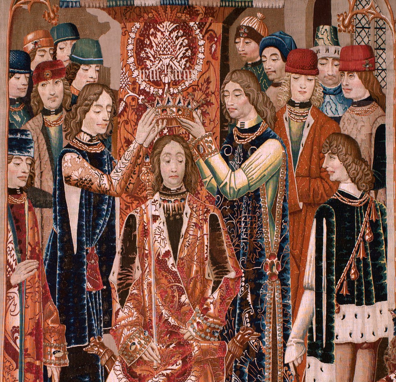 Flamand kárpit. Ismeretlen sorozat. római történelem? Tarquinius Priscus (Tarquino Prisco). Brüsszeli műhelyek gyártása?. Kb. 1475. Szövet Gyapjú és selyem, cm-enként 6 lánc. Eredet Alba de Aliste gróf adománya, 1608-ban érkezett a székesegyházba. Locati alkotó: Flemish School