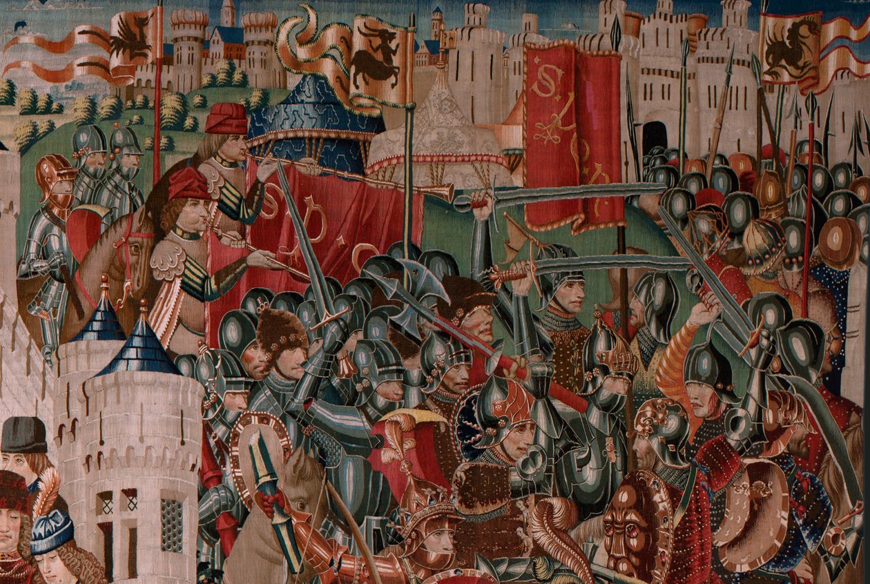 Flamand kárpit. Ismeretlen sorozat. római történelem? Tarquinius Priscus (Tarquino Prisco). Brüsszeli műhelyek gyártása?. Kb. 1475. Szövet Gyapjú és selyem, cm-enként 6 lánc. Eredet Alba de Aliste gróf adománya, 1608-ban érkezett a székesegyházba. Locati alkotó: Flemish School