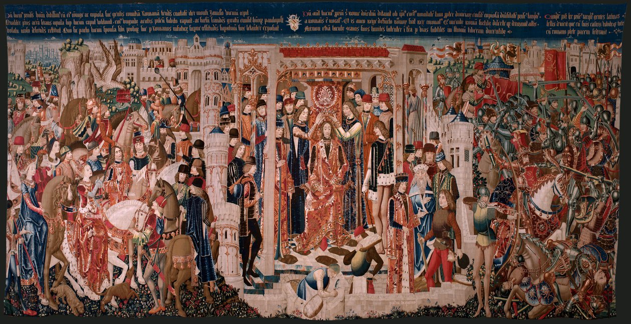Flamand kárpit. Ismeretlen sorozat. római történelem? Tarquinius Priscus (Tarquino Prisco). Brüsszeli műhelyek gyártása?. Kb. 1475. Szövet Gyapjú és selyem, cm-enként 6 lánc. Eredet Alba de Aliste gróf adománya, 1608-ban érkezett a székesegyházba. Locati alkotó: Flemish School