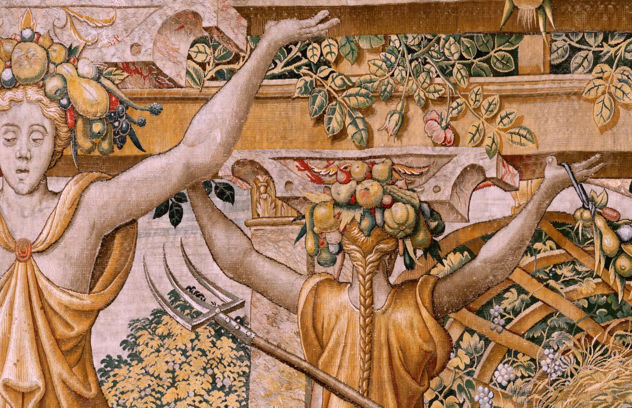 Flamand kárpit. Vertumnus és Pomona sorozat. No II Vertumnus gazdálkodóvá alakult át (Vertumno y Pomona II Vertumno transformado en agricultor) no1 bal rész. Pieter Coecke Van Aelst és Léonard Thiry modellek köre. Ismeretlen műhely, Brüsszel. Arany, alkotó: Flemish School