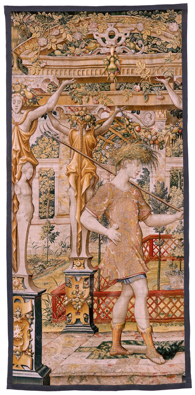 Flamand kárpit. Vertumnus és Pomona sorozat. No II Vertumnus gazdálkodóvá alakult át (Vertumno y Pomona II Vertumno transformado en agricultor) no1 bal rész. Pieter Coecke Van Aelst és Léonard Thiry modellek köre. Ismeretlen műhely, Brüsszel. Arany, alkotó: Flemish School