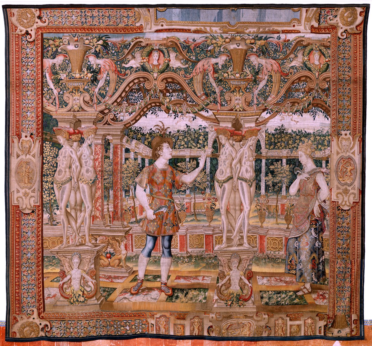 Flamand kárpit. Vertumnus és Pomona sorozat. No IV A Vertumnus metszővé változott (Vertumno y Pomona IV (Vertumno transformado en podador). Modellek Pieter Coecke Van Aelst és Léonard Thiry köre. Ismeretlen műhely, Brüsszel. Arany, selyem és gyapjú. B alkotó: Flemish School