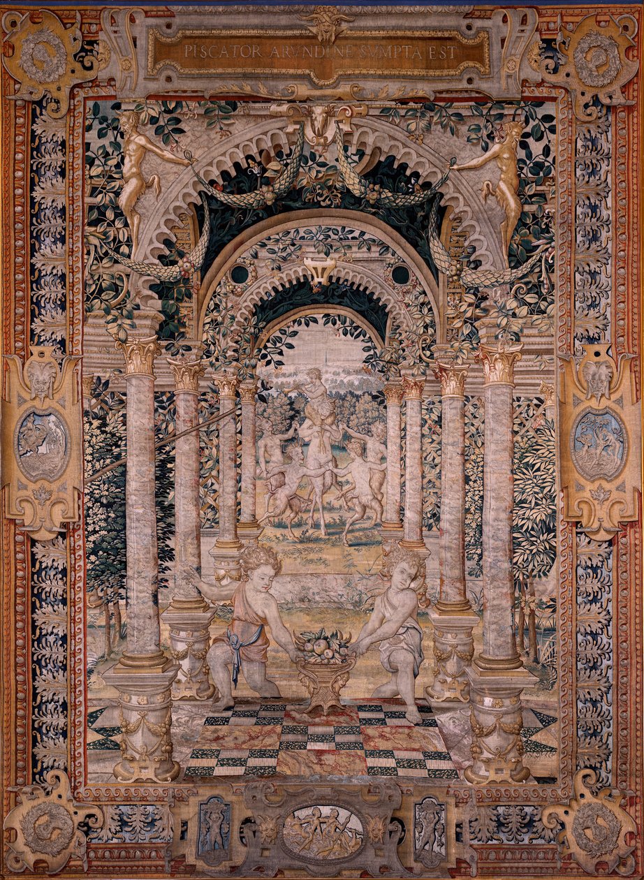 Flamand kárpit. Vertumnus és Pomona sorozat. A sorozat hetedik kárpitja; Vertumnus halászgá alakult át (középső rész). Pieter Coecke Van Aelst és Léonard Thiry modellek köre. Gyártás Ismeretlen műhely, Brüsszel. 1550 előtt Fabric Go alkotó: Flemish School