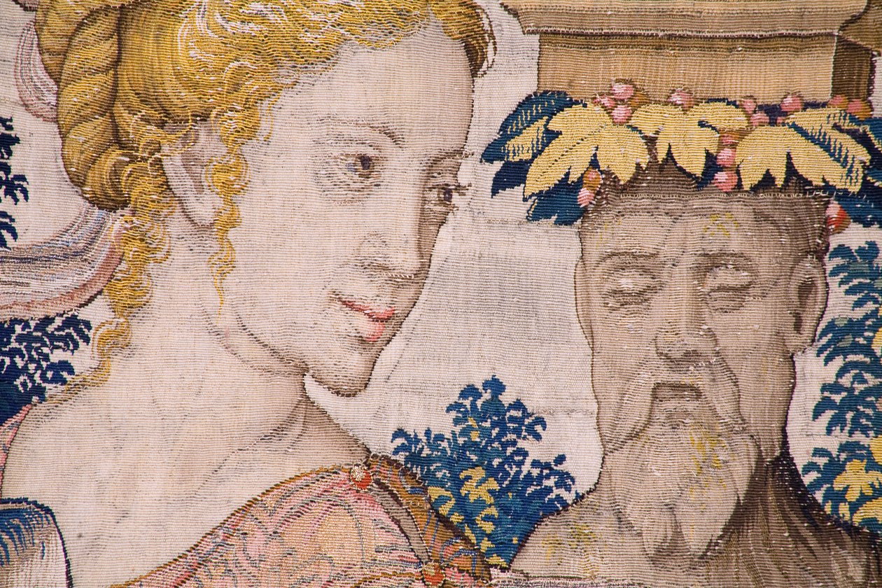 Flamand gobelin. Vertumnus és Pomona sorozat: A Vertumnus gazdálkodóvá alakult át (Vertumnus mint farmer, Vertumno transformado és agricultor). Atelier Willem de Pannemaker. 1545-1550 körül. Részlet. alkotó: Flemish School
