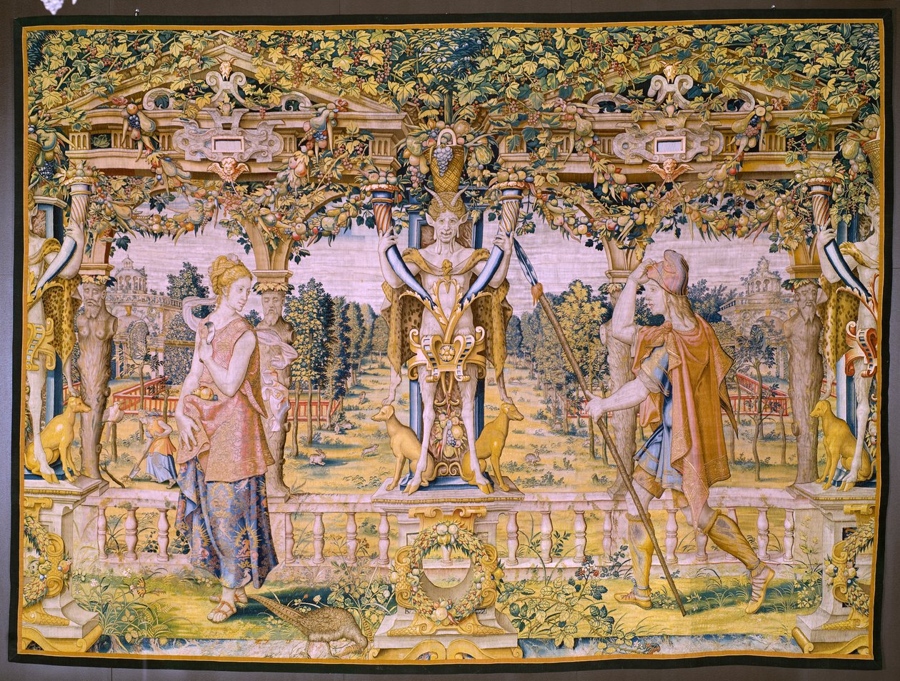Flamand kárpit. Vertumnus és Pomona sorozat: A Vertumnus gazdálkodóvá alakult át (Vertumnus mint farmer, Vertumno transformado és agricultor). Willem de Pannemaker stúdió. kb 1545-1550. alkotó: Flemish School