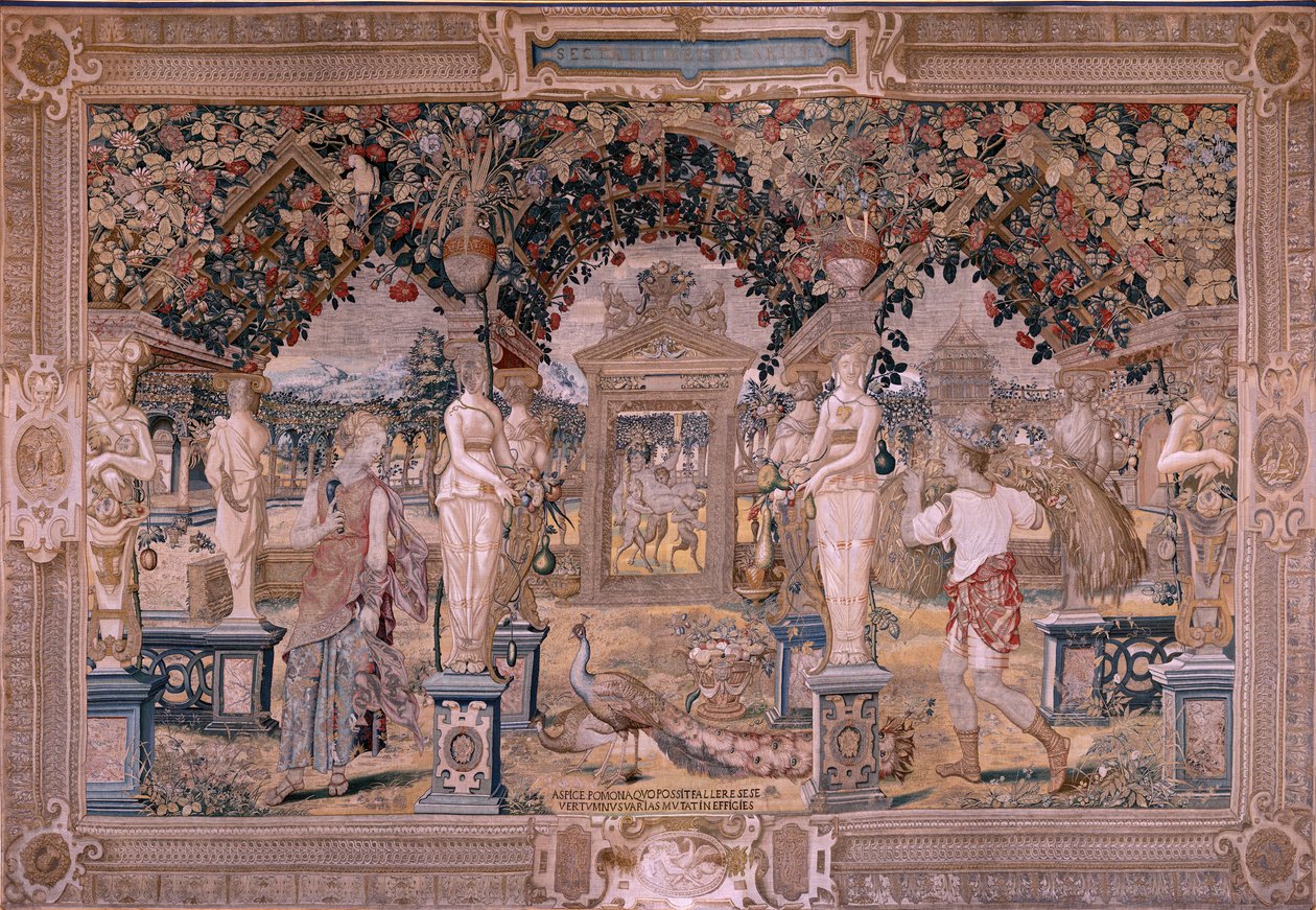 Flamand kárpit. Vertumnus és Pomona sorozat. A Vertumnus kombájnná alakult át (Vertumno transformado en segador). A sorozat első gobelinje. Pieter Coeck van Aelst modellköre. ; Gyártás Wilhelm Pannemaker, Brüsszel. 1545-1550 körül. Szövet alkotó: Flemish School