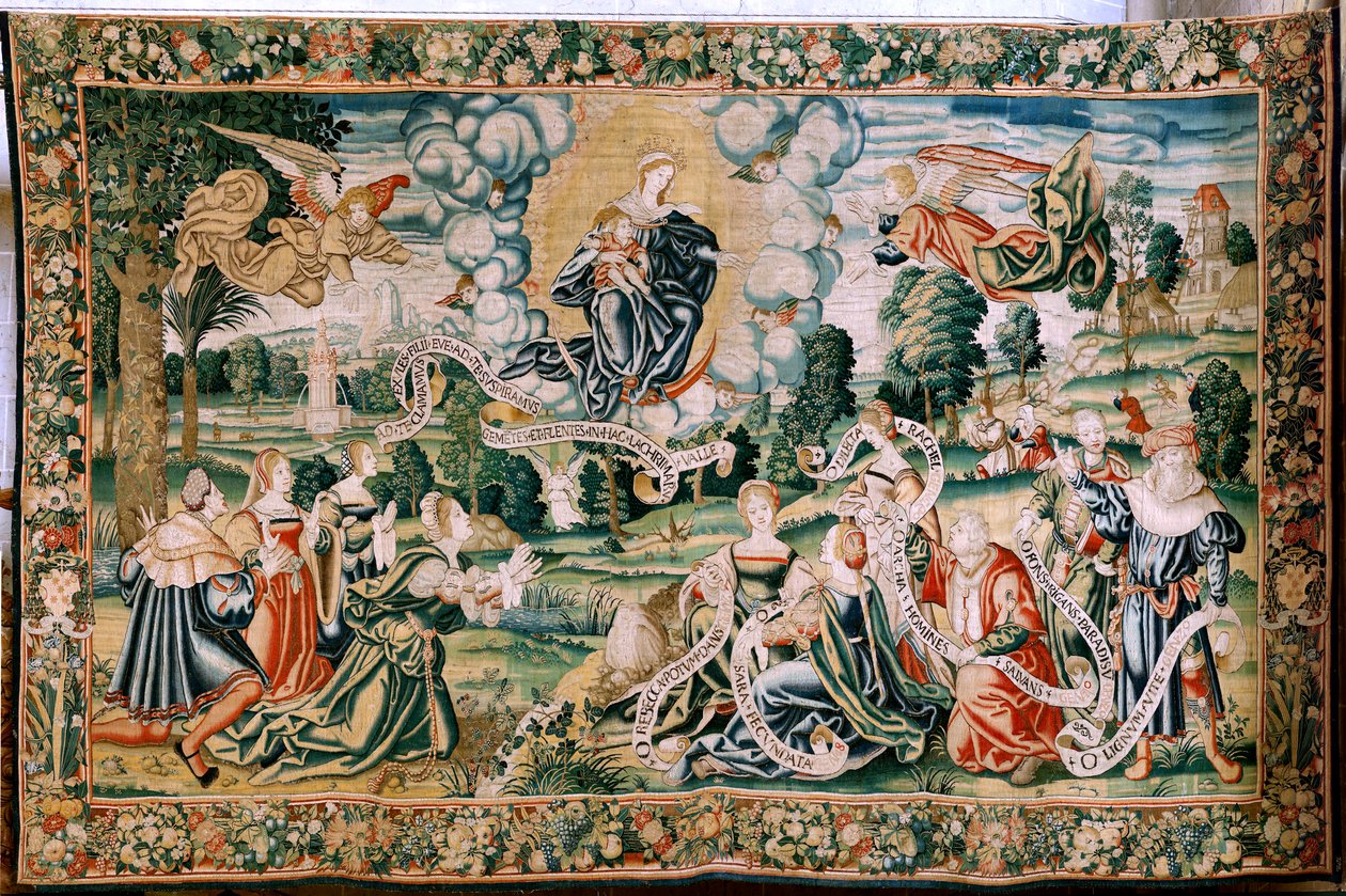 Flamand kárpit. A jégeső sorozat. Ad te clamamus. A sorozat második kárpitja. Brüsszeli műhelyek gyártása, lehetséges Marc Crétif gyártása. Kb. 1528. Mérete 429 x 646 cm. Szövet Selyem és gyapjú. Helyszín Palencia katedrálisa. Eredet Egy hagyaték alkotó: Flemish School