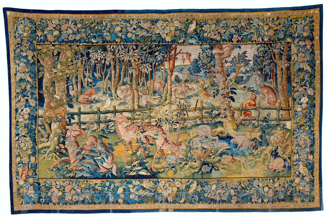 Erdő egzotikus állatokkal (textil) alkotó: Flemish School