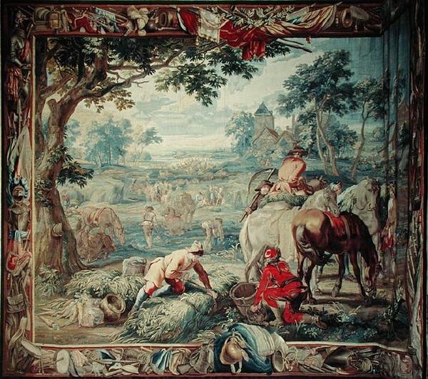 Betakarítás, "A hadtudomány" sorozatból, Judocus de Vos műhelye, 1715-24 (kárpit) alkotó: Flemish School
