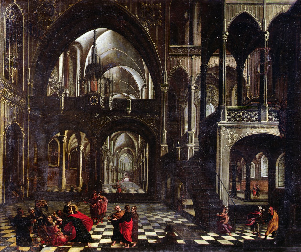 Egy templom belseje, vagy Jézus, aki üldözi a kereskedőket a templomból alkotó: Flemish School