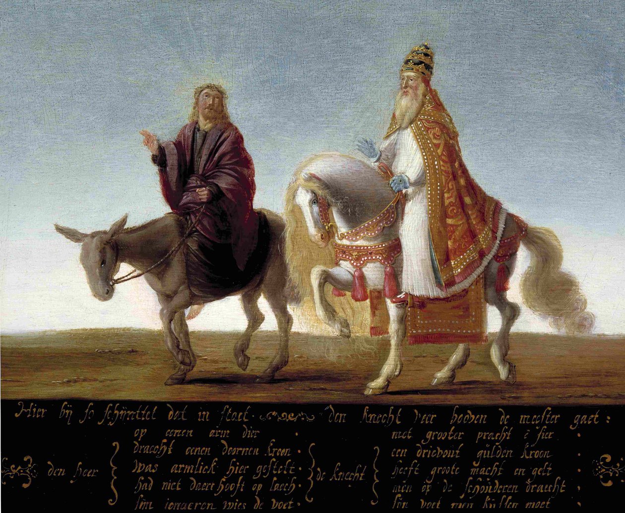 ""Jézus a szamáron ábrázolva a gazdagon öltözött pápa mellett a lovon"" Lutheránus karikatúra a pápával szemben - Névtelen festmény alkotó: Flemish School