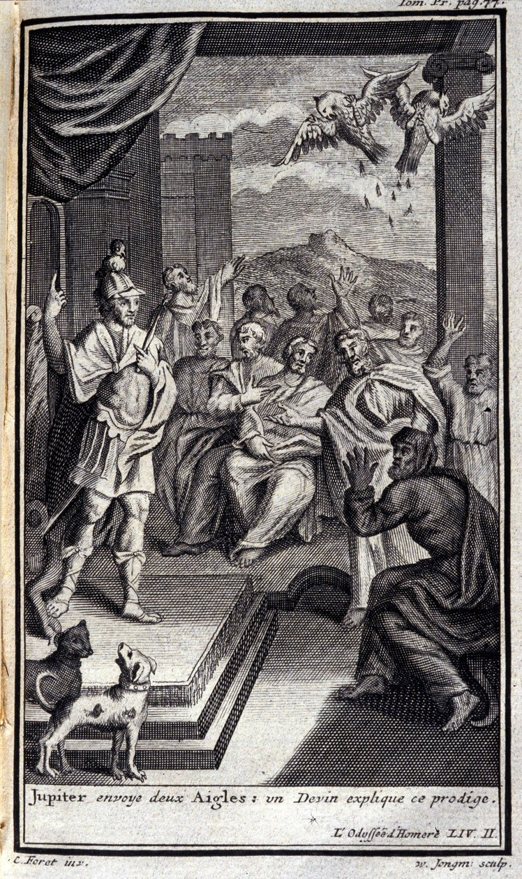 A Jupiter két sast küld: egy cumi magyarázza ezt a csodagyereket. Lusztráció a Homérosz Odüszeusának II. könyvéhez, az Odüsseeben, 1731-ben Amszterdamban, Collection privee Milan. alkotó: Flemish School