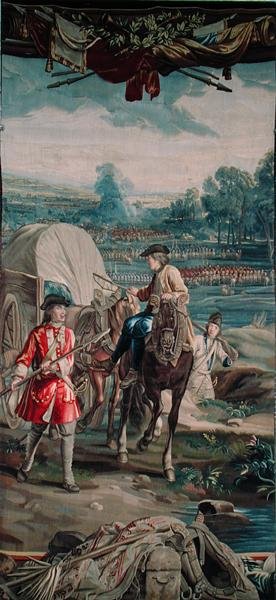 Táj csatajelenettel, lóval és szekérrel az előtérben, a „Haditudomány” sorozatból, Judocus de Vos műhelye, 1715-24 (kárpit) alkotó: Flemish School