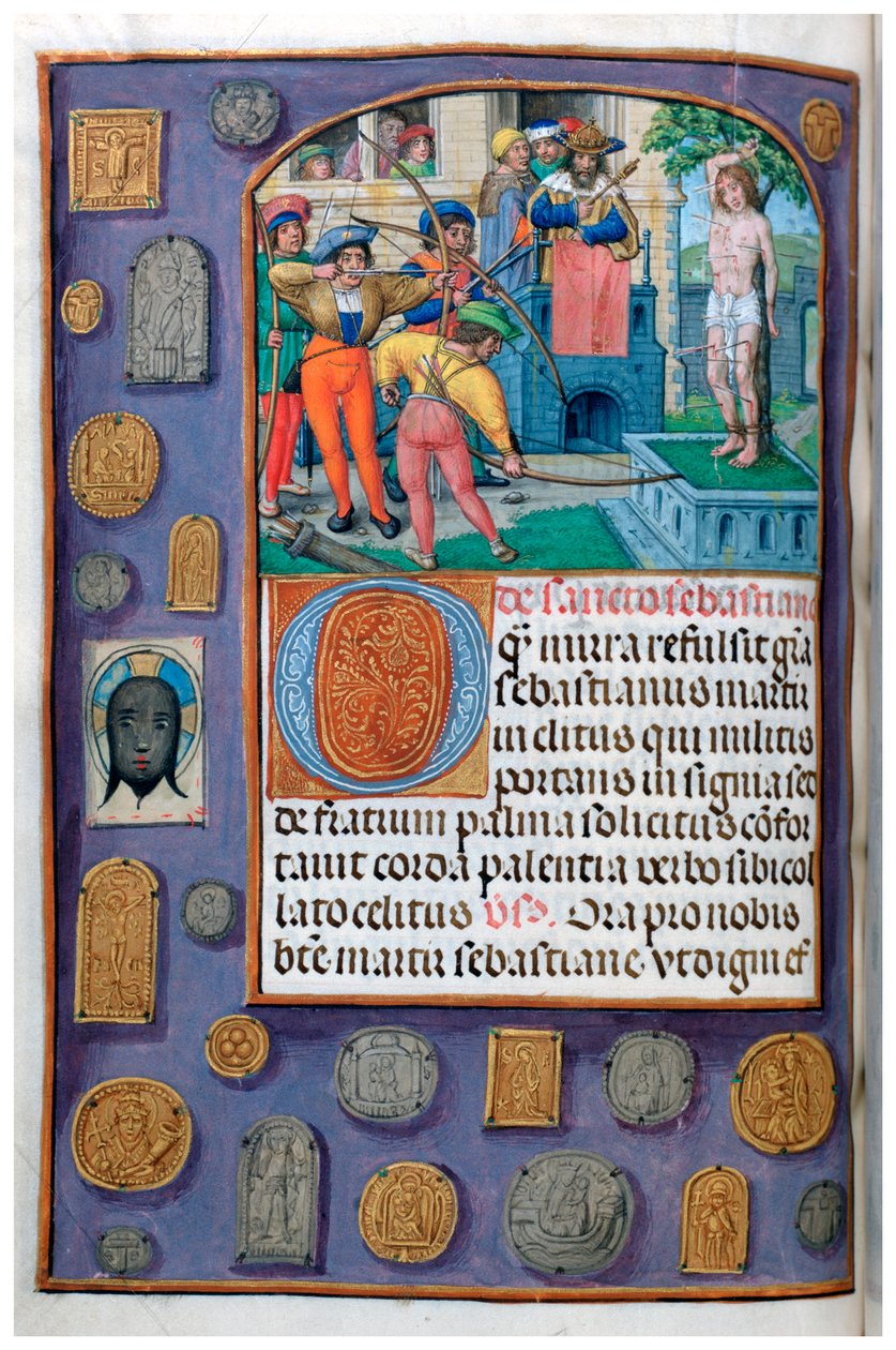 MS 4, vol. 127, f.112v, Szent Sebestyén mártíromsága zarándokjelvények és vernikális trompe l