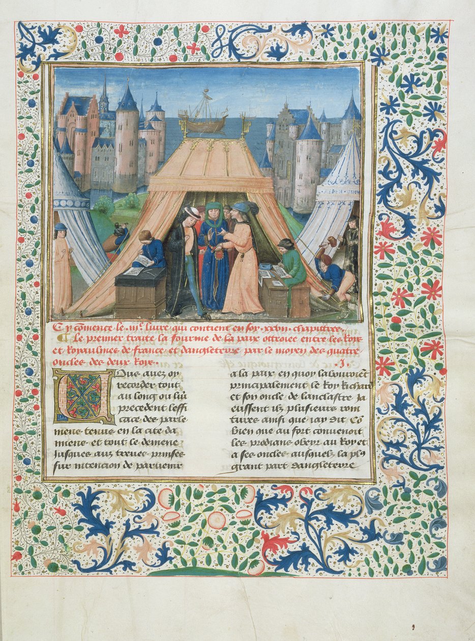 MS W201 f.147 Békeszerződés a Chroniques dAngleterre-től (IV. kötet) 1475-80 (tempera pergamen) alkotó: Flemish School