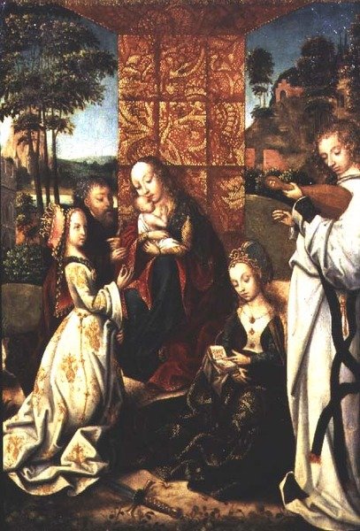 Madonna és gyermeke Szent Katalinnal, egy angyallal és más figurákkal alkotó: Flemish School