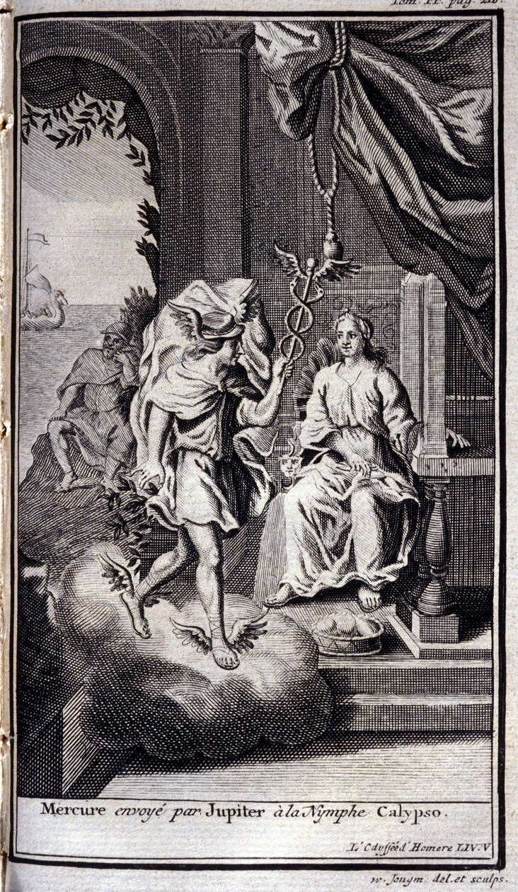 A Merkúrt a Jupiter küldte Calypso nimfának. Illusztráció Homérosz Odüsszeiájának V. könyvéhez, az Odüsszeiában, 1731-ben Amszterdamban, Collection privee Milan. alkotó: Flemish School