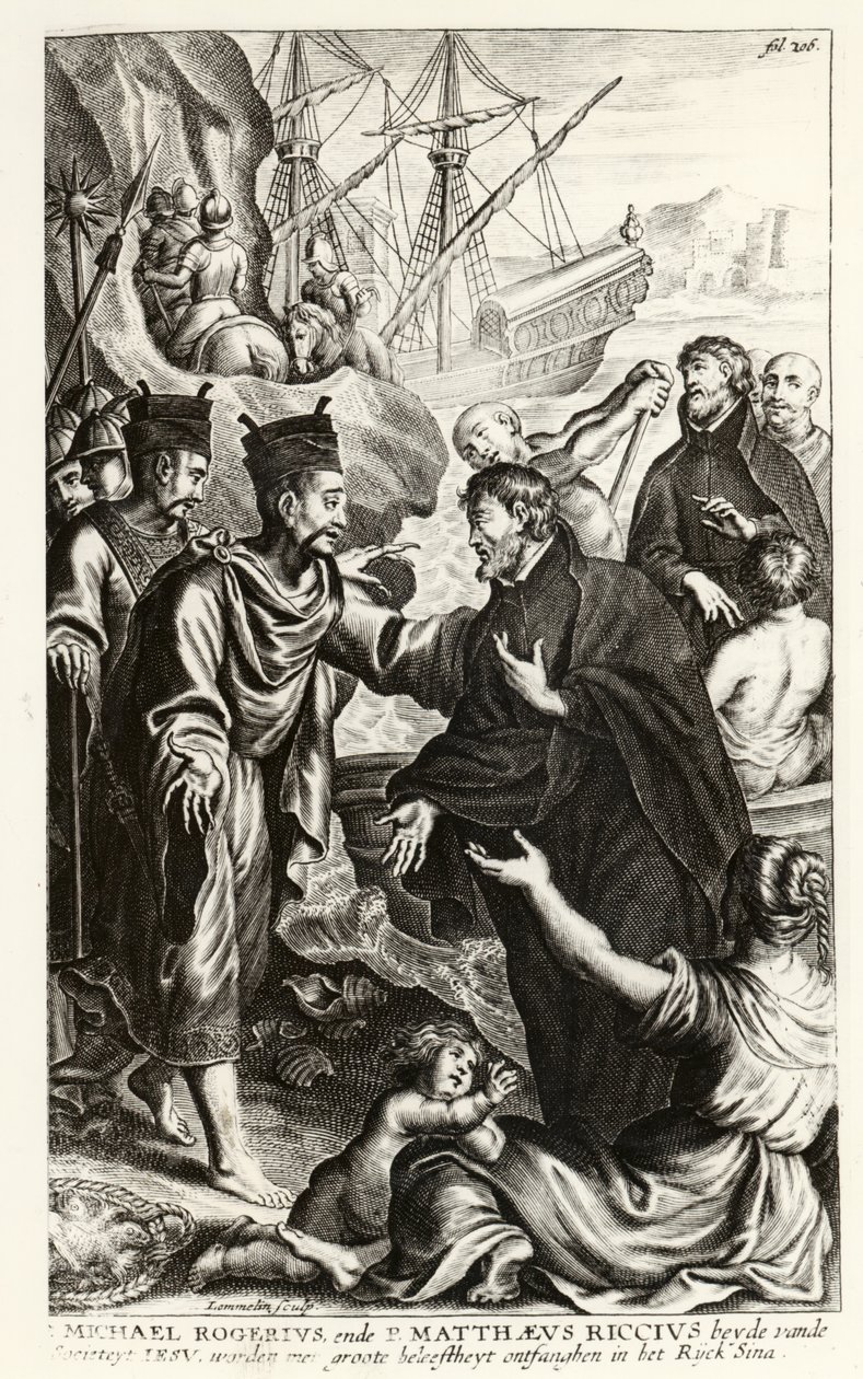 Michael Rogerius (1543-1607) és Matthaeus Riccius (1552-1610) Kína partjaira érkeznek, illusztrációja P. Cornelius Hazart egyháztörténetéből, megjelent Antwerpenben, 1668 alkotó: Flemish School