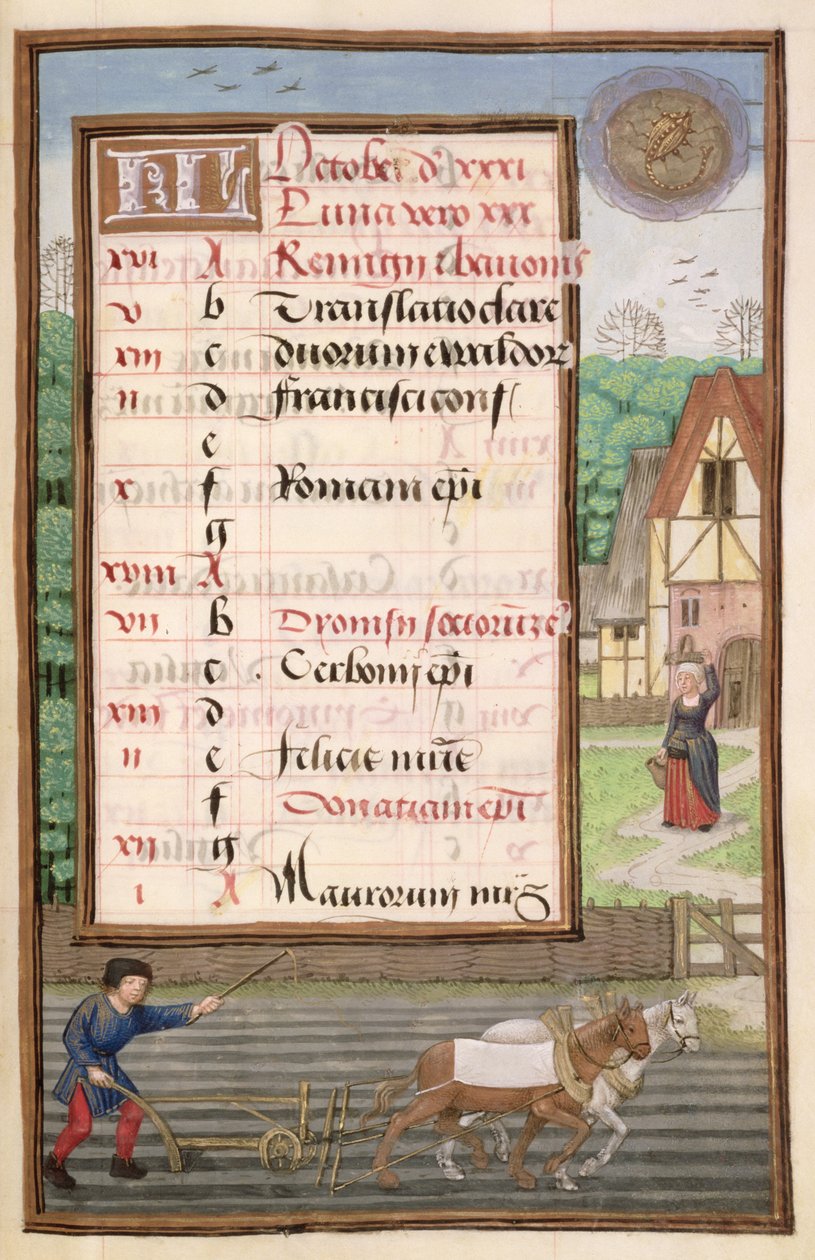 Ms 1058-1975 f10r Szántás két lóval, megvilágított októberi naptároldal, Órakönyvből, 1500 körül alkotó: Flemish School
