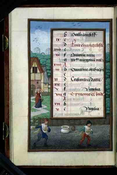 Ms 1058-1975 f.10v Két férfi kukoricát vet, illuminált naptárlap októberre, egy Órakönyvből, 1500 körüli (pergamen) alkotó: Flemish School