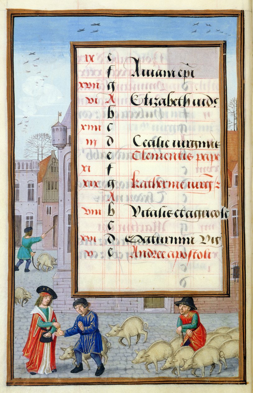 Ms 1058-1975 f11v Disznók eladása a piacon, megvilágított novemberi naptároldal, az Órakönyvből, 1500 körül alkotó: Flemish School