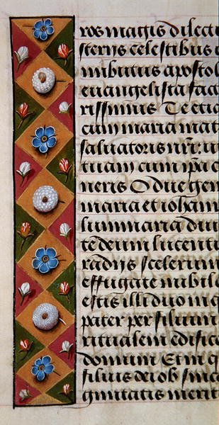 Ms. 1058-1975, f.16r: virágos szegély részlete egy Órakönyvből, 1500 körül (vellum) alkotó: Flemish School