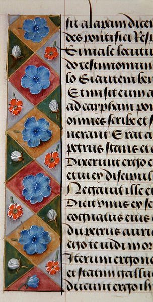 Ms. 1058-1975, f.17v: virágos szegély részlete egy Órakönyvből, 1500 körül (vellum) alkotó: Flemish School