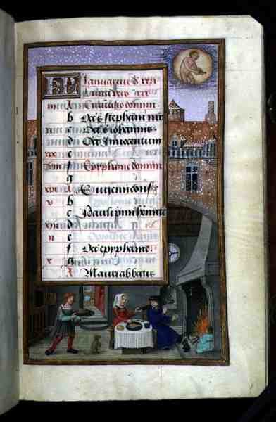 Ms 1058-1975 f1r Páros lakoma, illuminált naptárlap januárra, egy órakönyvből, 1500 körül (pergamen) alkotó: Flemish School