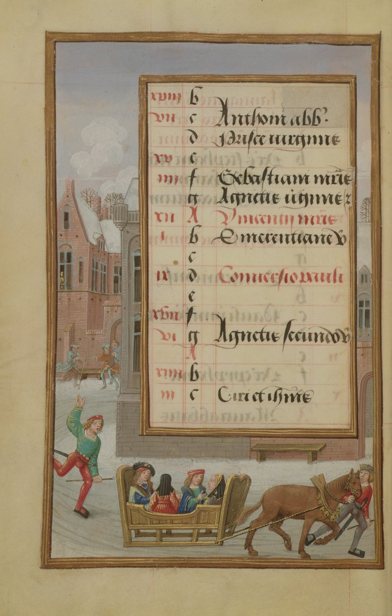 Ms 1058-1975 f1v Street Scene in the Snow, megvilágított januári naptároldal, egy Órakönyvből, 1500 körül alkotó: Flemish School