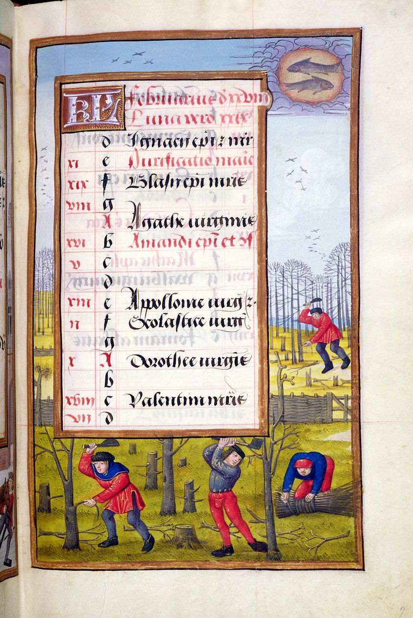 Ms 1058-1975 f2r Fák kivágása és köcsögök kötözése, megvilágított oldal februárra, egy Órakönyvből, 1500 körül alkotó: Flemish School