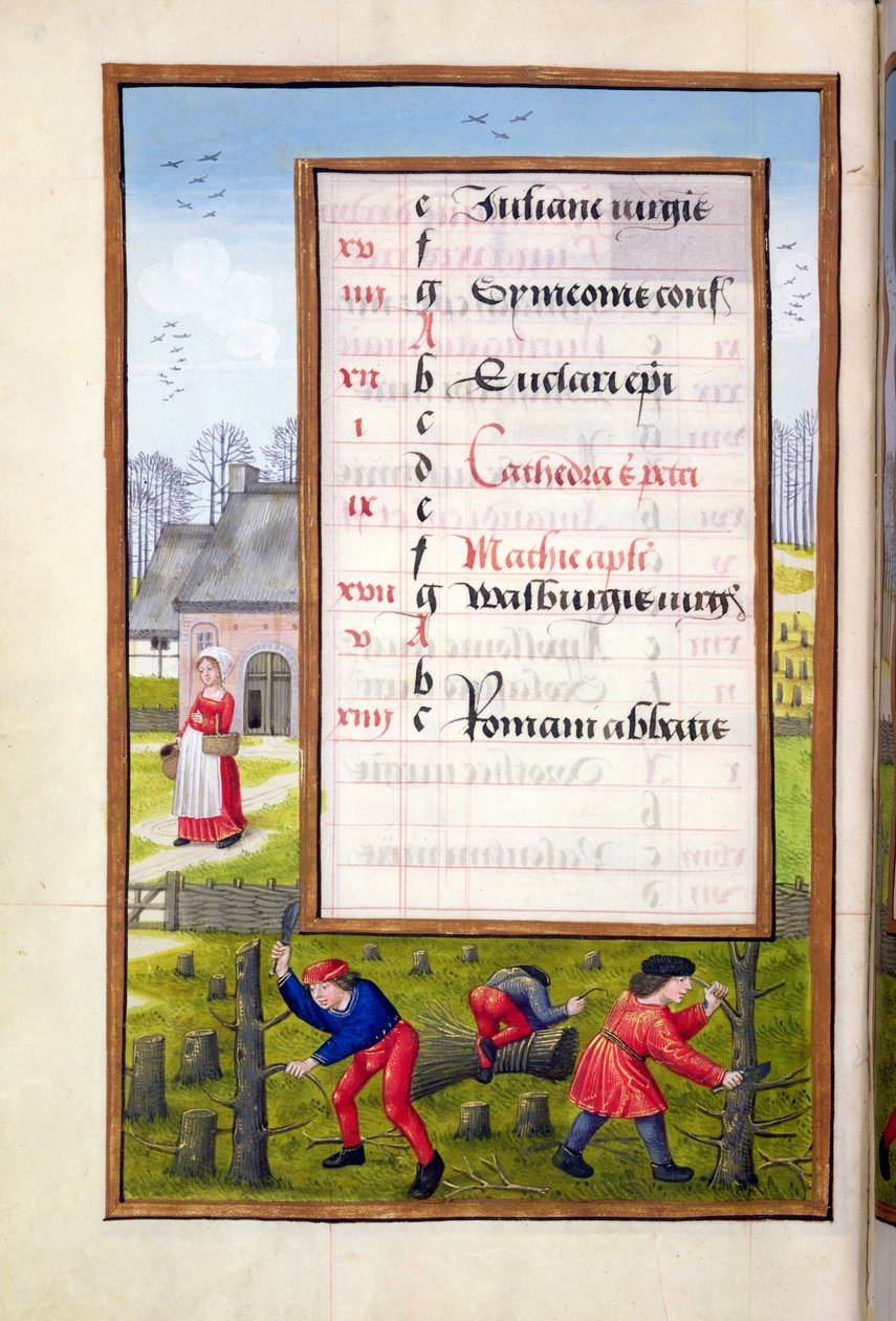 Ms 1058-1975 f2v Fák kivágása és köcsögök kötözése, egy órakönyvből, 1500 körül alkotó: Flemish School